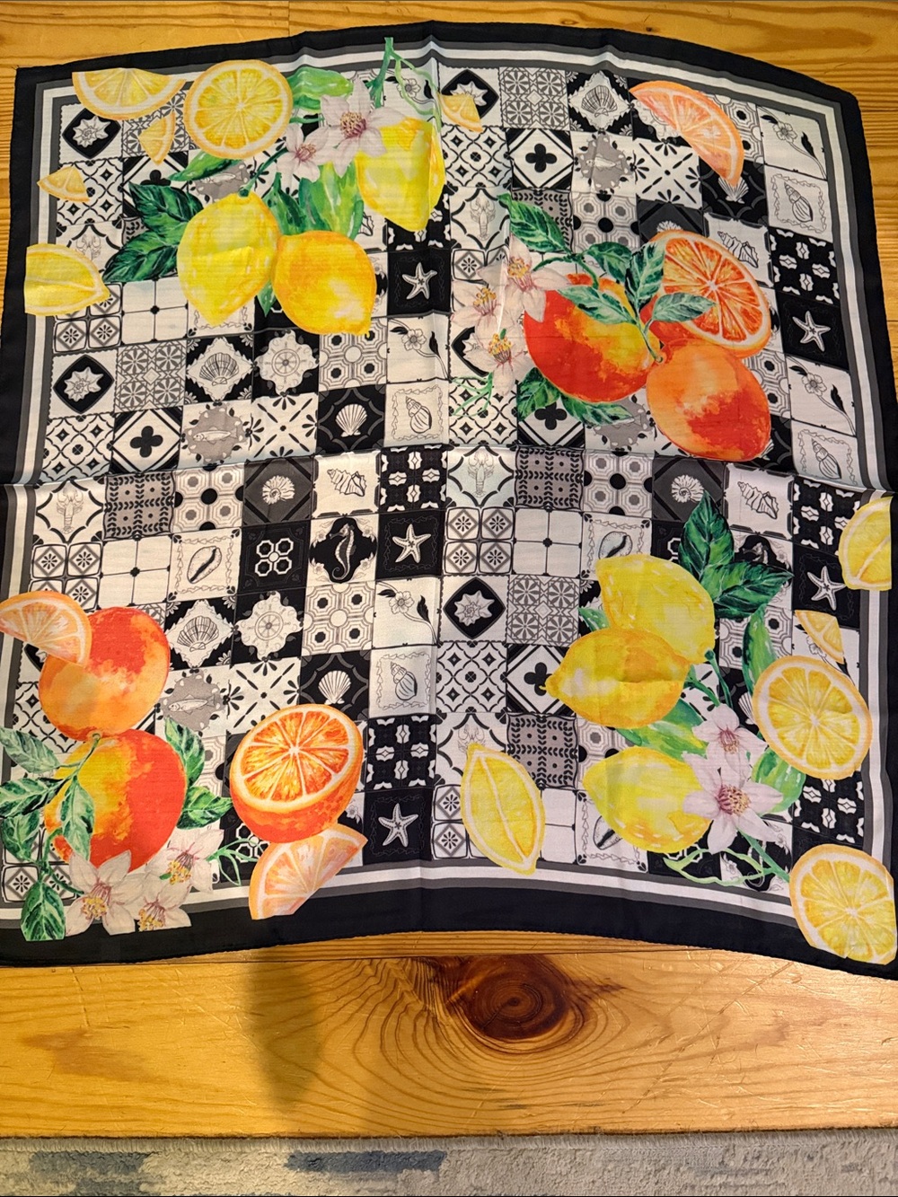 Black Tile Print Wild Rag with Bright Citrus Motif
